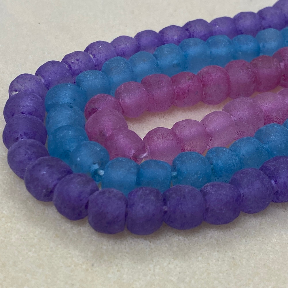Rondelle - Sea Blue Frosted Transparent - Java Recycled Glass Beads - (1 strand)
