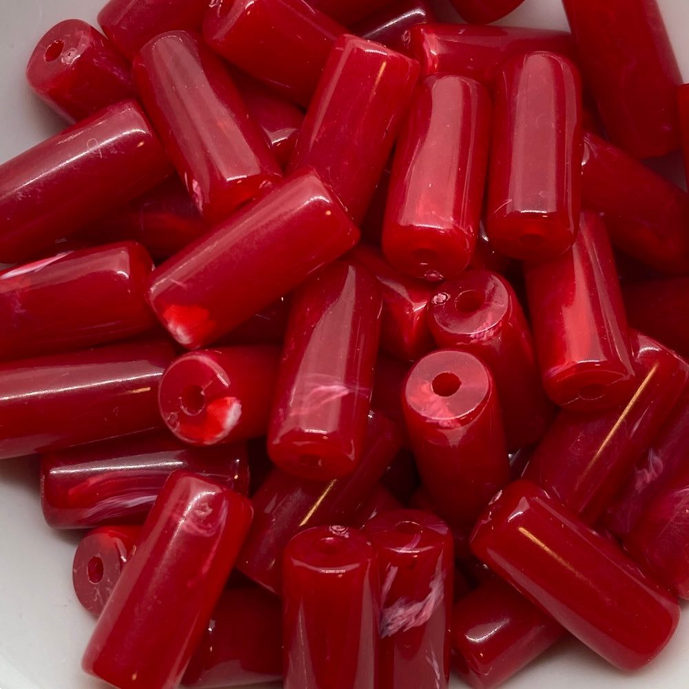 14x6mm Tube (25) - Red - Vintage Opaque Marbled Effect Beads