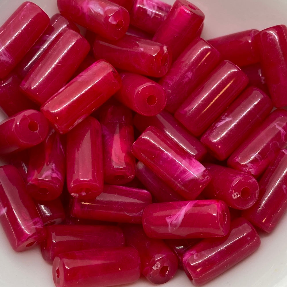 14x6mm Tube (25) - Pink - Vintage Opaque Marbled Effect Beads