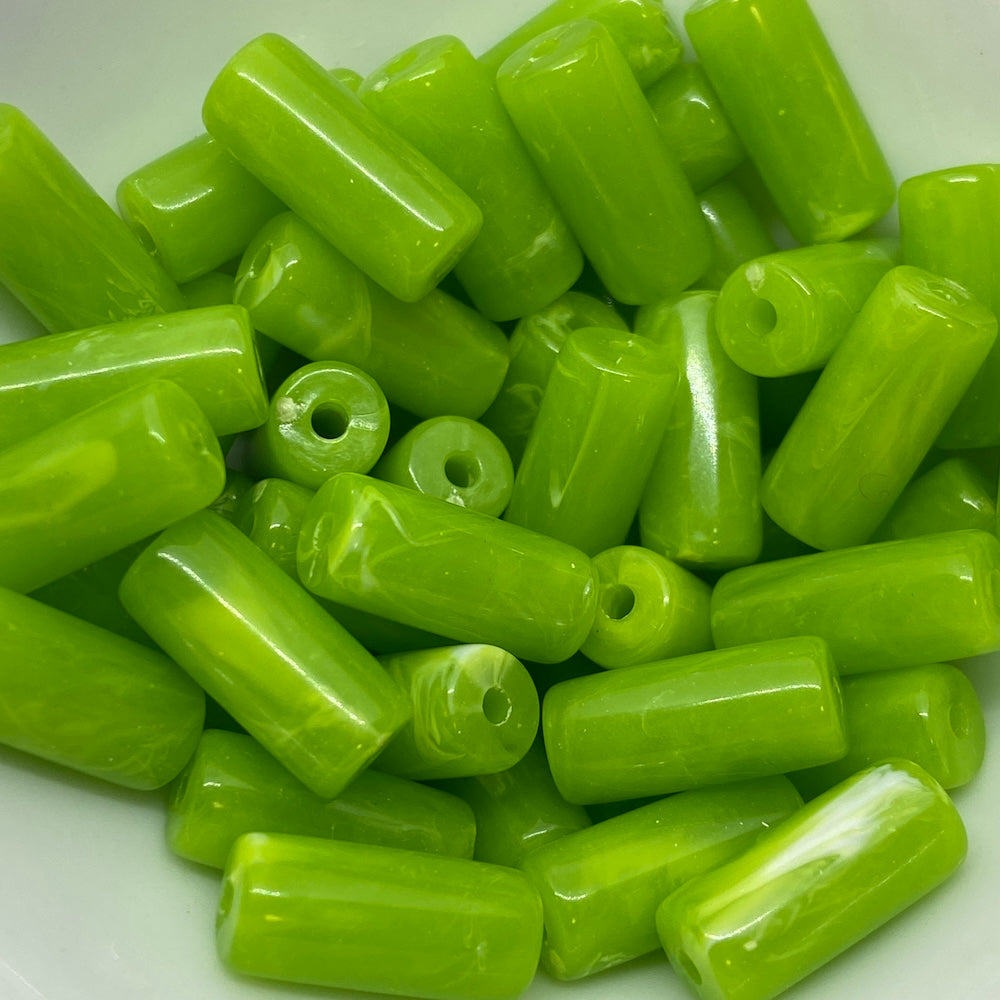 14x6mm Tube (25) - Lime Green - Vintage Opaque Marbled Effect Beads