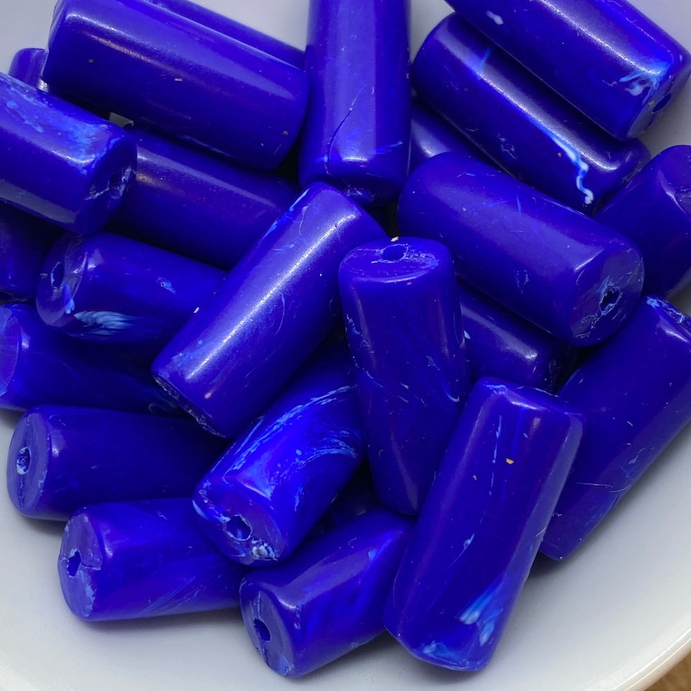18x8mm Tube (10) - Blue - Vintage Opaque Marbled Effect Beads