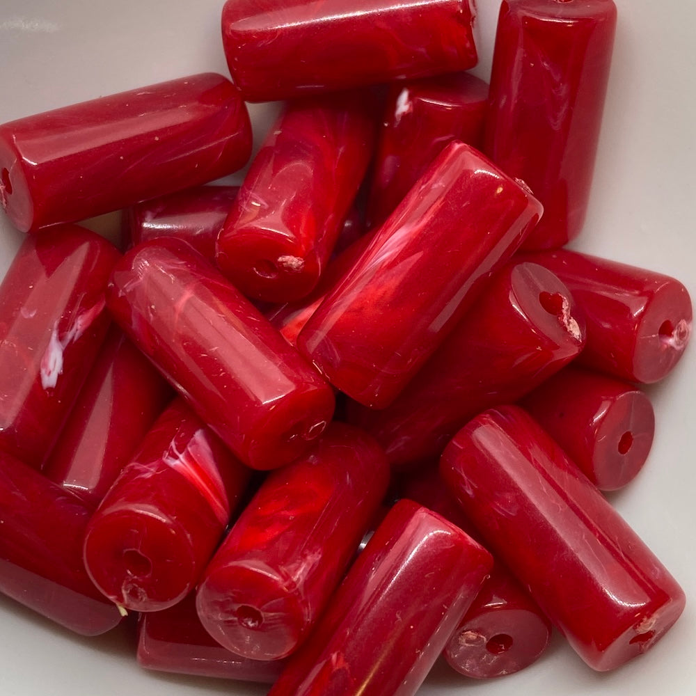 18x8mm Tube (10) - Red - Vintage Opaque Marbled Effect Beads