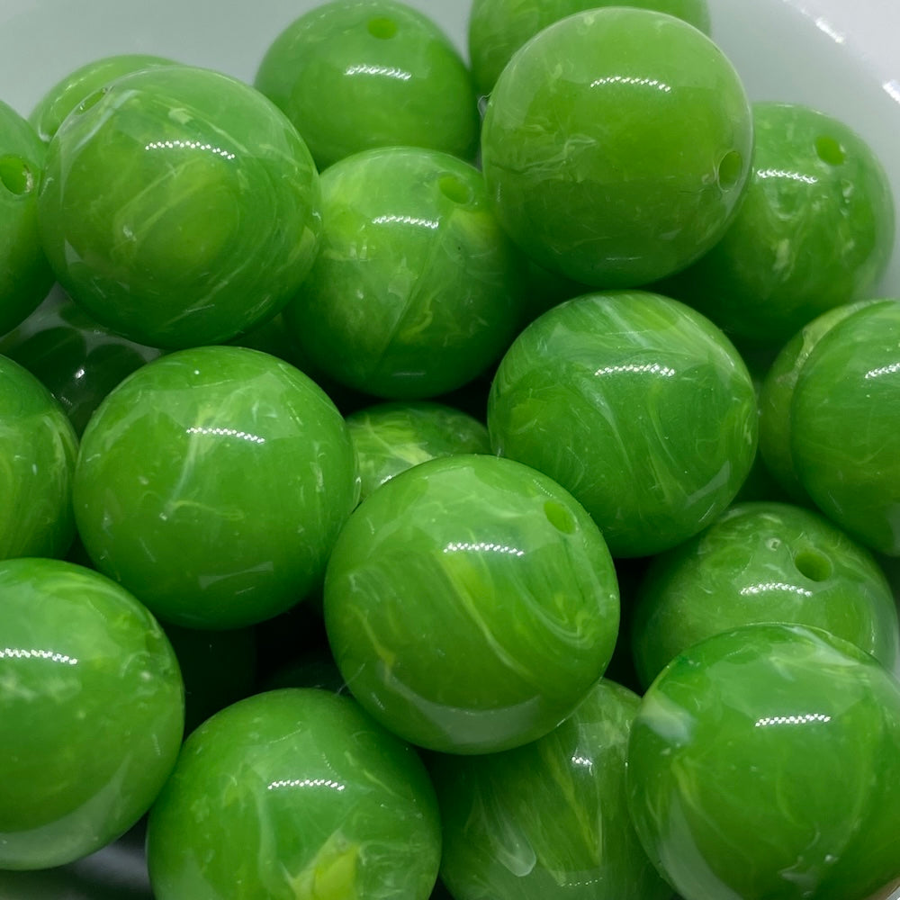 14mm Round (25) - Lime Green - Vintage Opaque Marbled Effect Beads