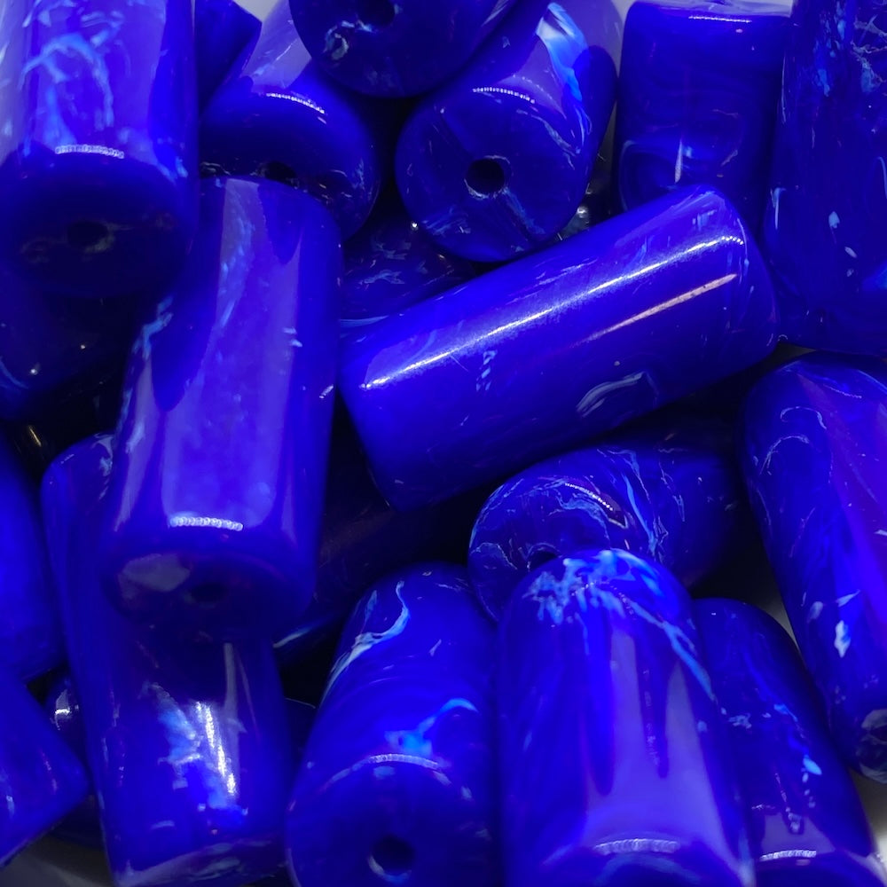 22x10mm Tube (10) - Blue - Vintage Opaque Marbled Effect Beads