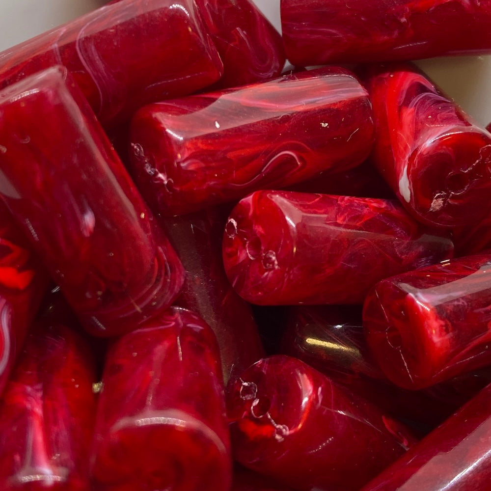 22x10mm Tube (10) - Red - Vintage Opaque Marbled Effect Beads