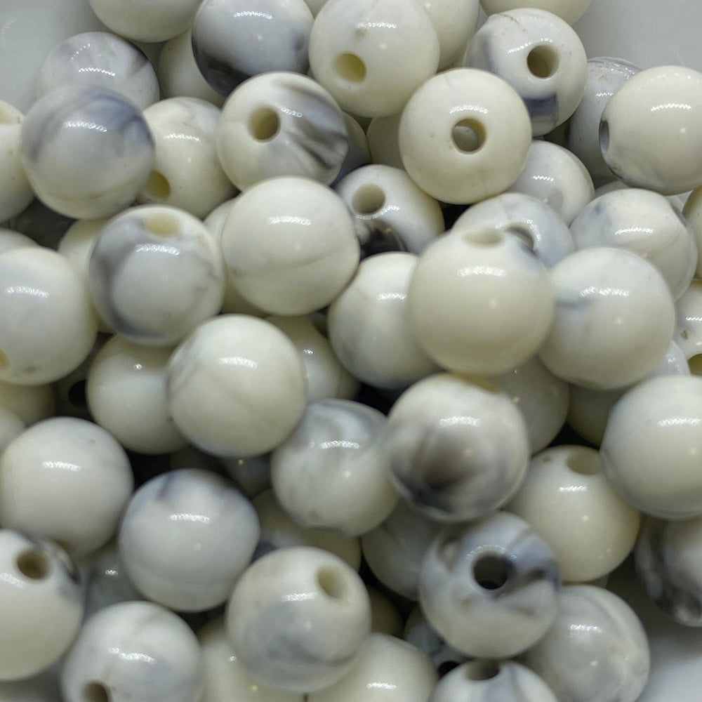 8mm Round (50) - White w. Black Swirl Opaque - Vintage Lucite Beads