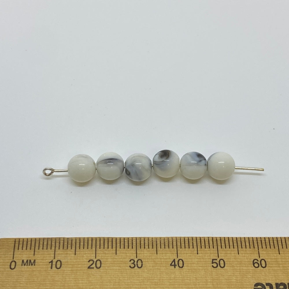 8mm Round (50) - White w. Black Swirl Opaque - Vintage Lucite Beads