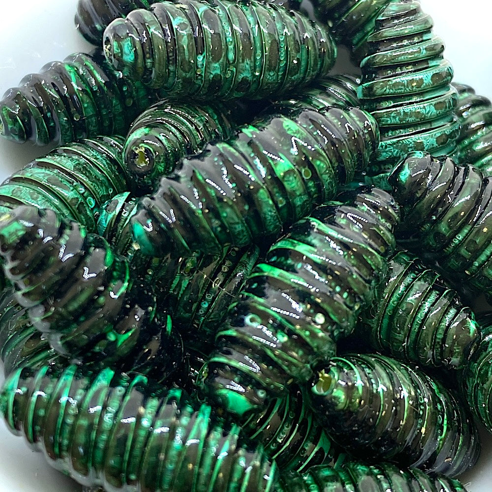 25x10mm Spiral Oval (10) - Green w. Black - Psychedelic Vintage Lucite Beads