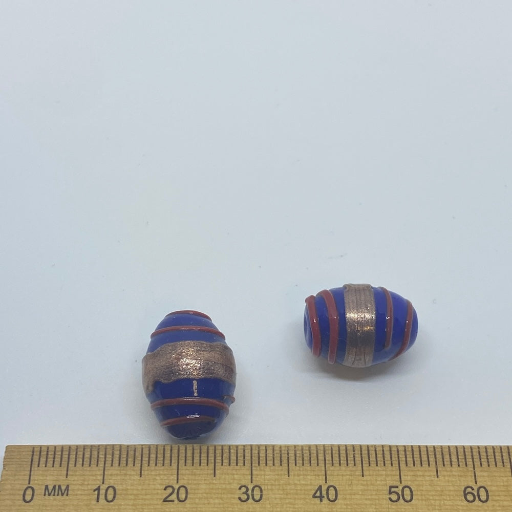 19x14mm Oval (10) - Blue Opaque w. Aventurine & Red - Glass Vintage Replica Trade Lampwork Beads