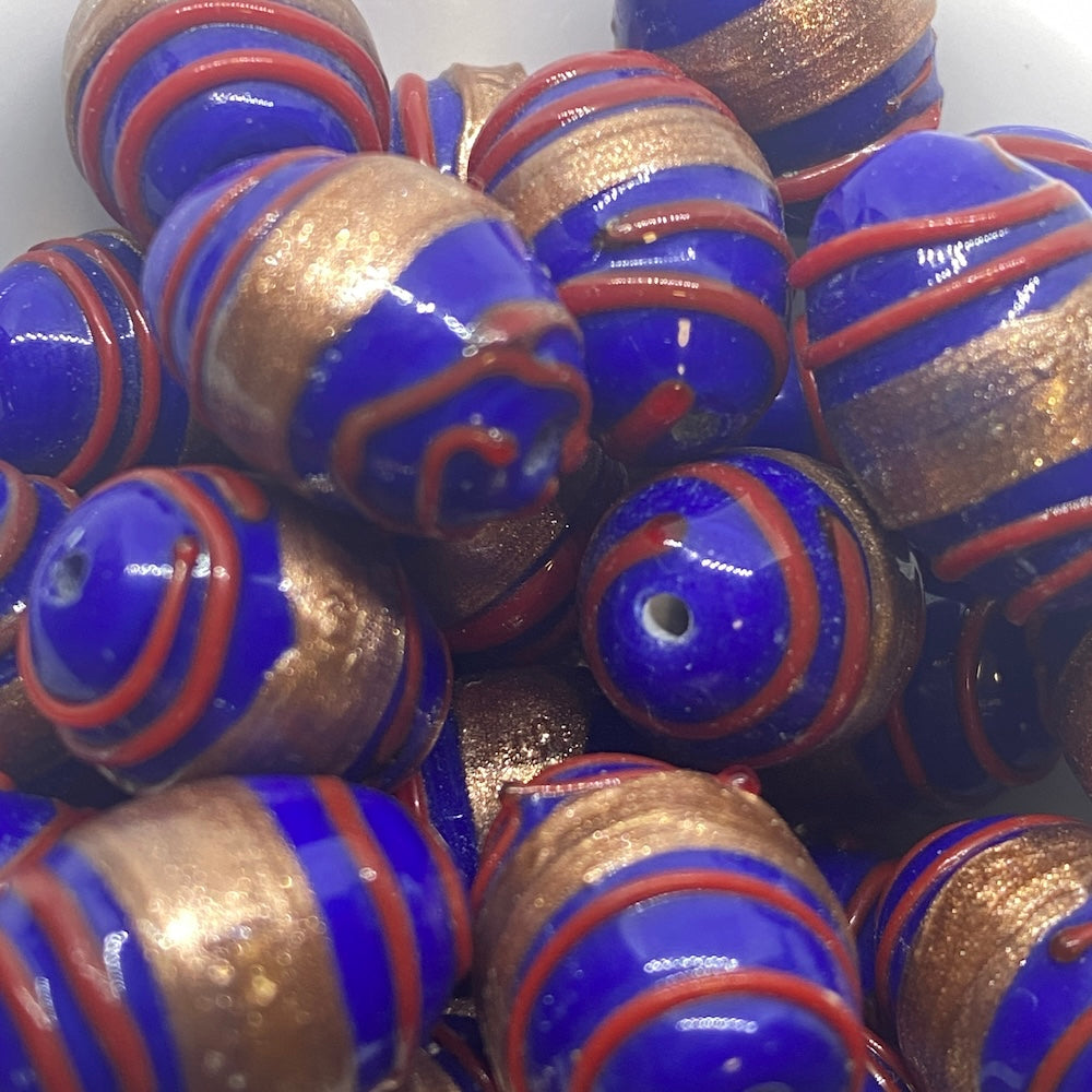 19x14mm Oval (10) - Blue Opaque w. Aventurine & Red - Glass Vintage Replica Trade Lampwork Beads