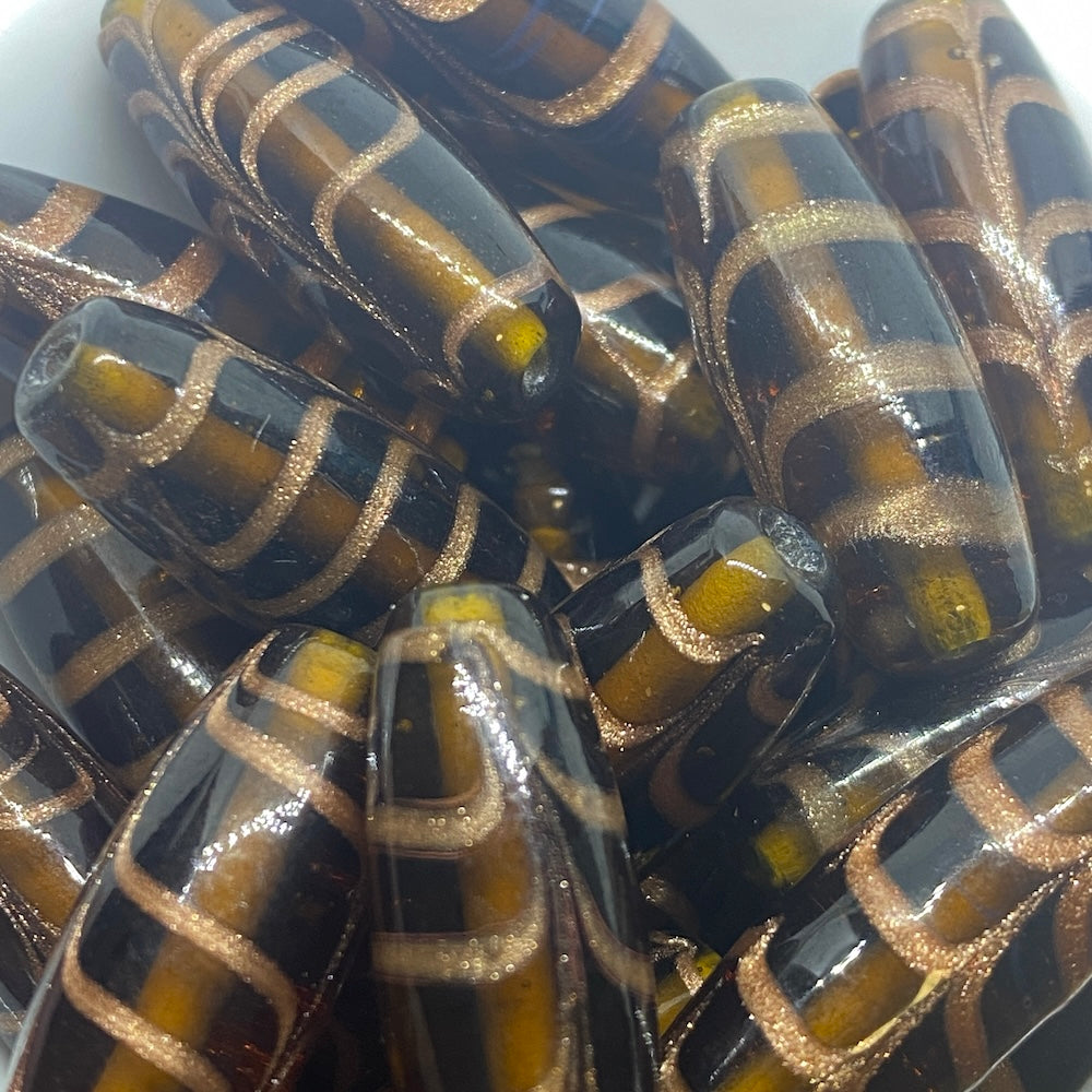 25x10mm Oval (5) - Dark Brown Transparent w. Aventurine - Glass Vintage Replica Trade Beads