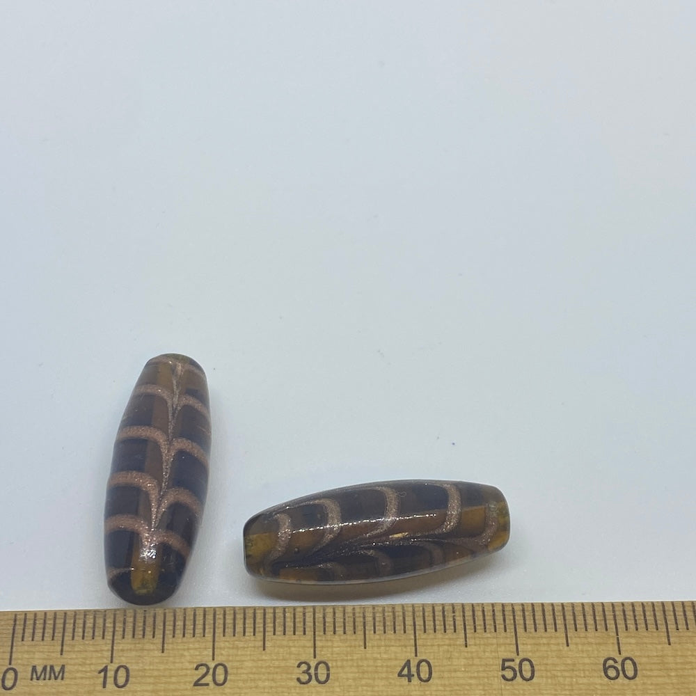 25x10mm Oval (5) - Dark Brown Transparent w. Aventurine - Glass Vintage Replica Trade Beads