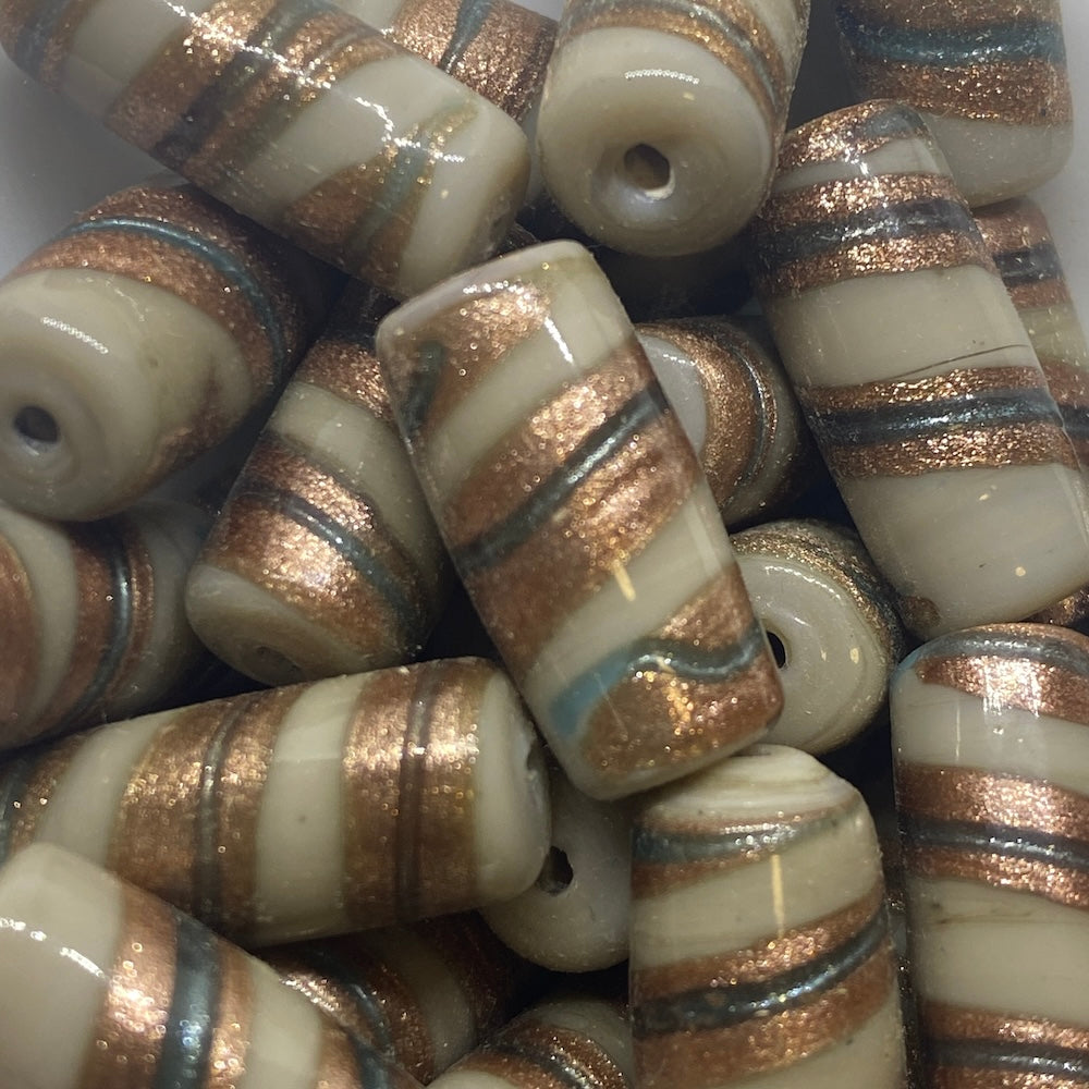 23x10mm Tube (10) - Beige Opaque w. Aventurine & Green - Vintage Handmade Glass Lampwork Beads