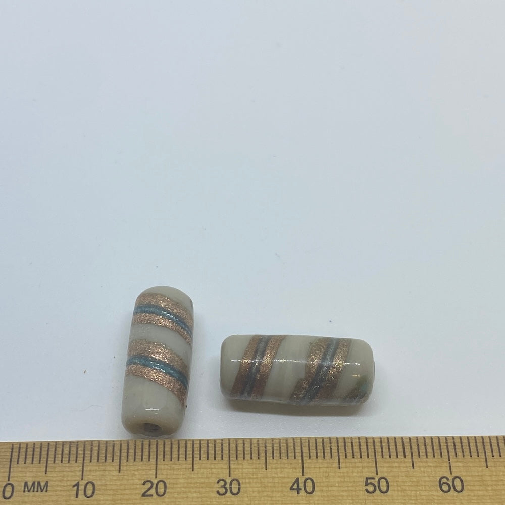 23x10mm Tube (10) - Beige Opaque w. Aventurine & Green - Vintage Handmade Glass Lampwork Beads