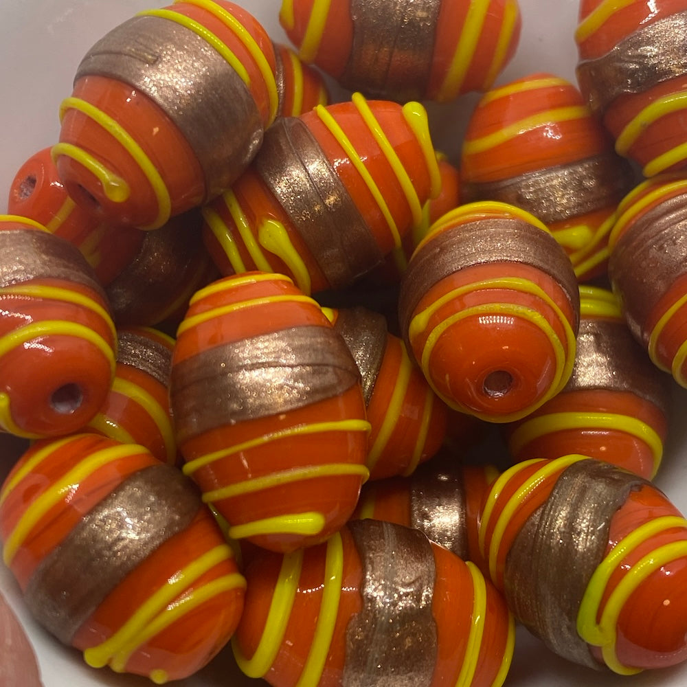 19x14mm Oval (10) - Orange Opaque w. Aventurine & Yellow - Glass Vintage Replica Trade Lampwork Beads