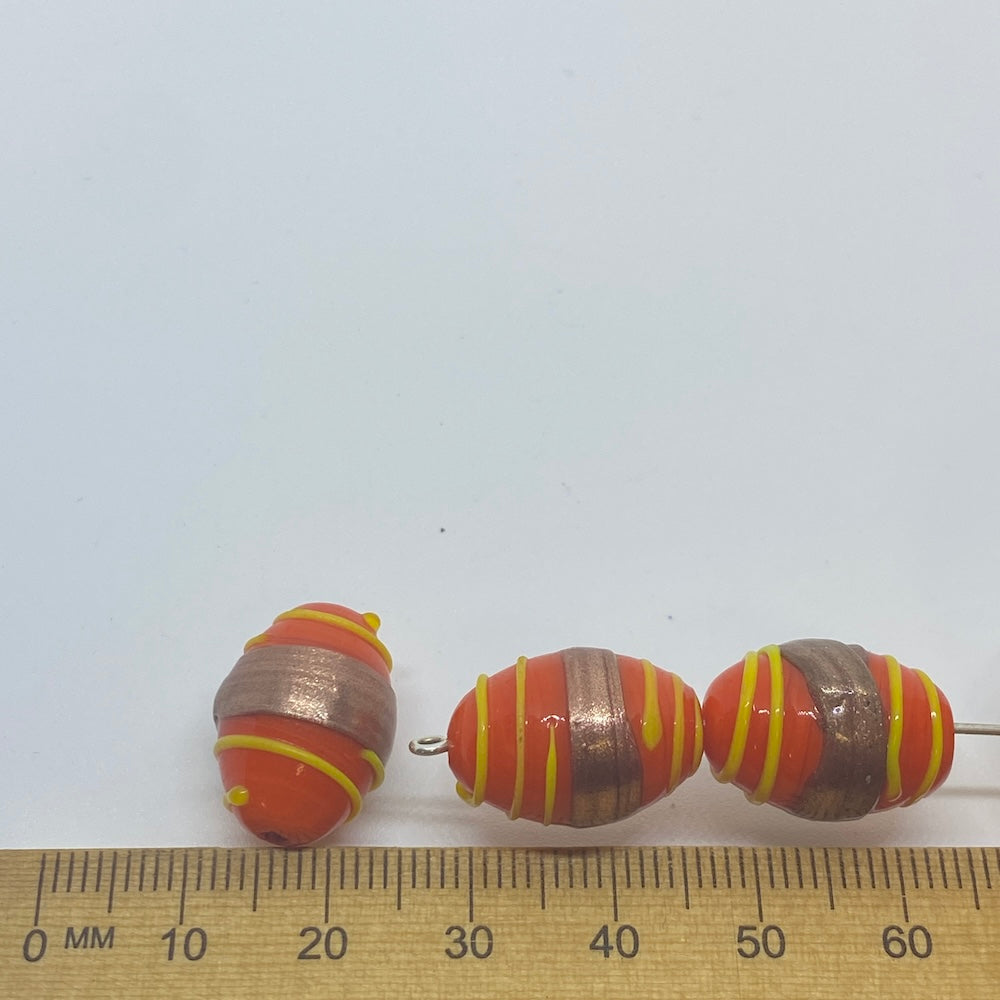 19x14mm Oval (10) - Orange Opaque w. Aventurine & Yellow - Glass Vintage Replica Trade Lampwork Beads