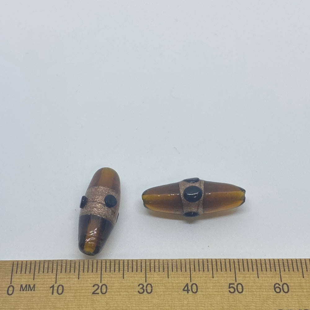 23x8mm Rice (10) - Transparent Brown w. Aventurine - Vintage Indian Lampwork Beads