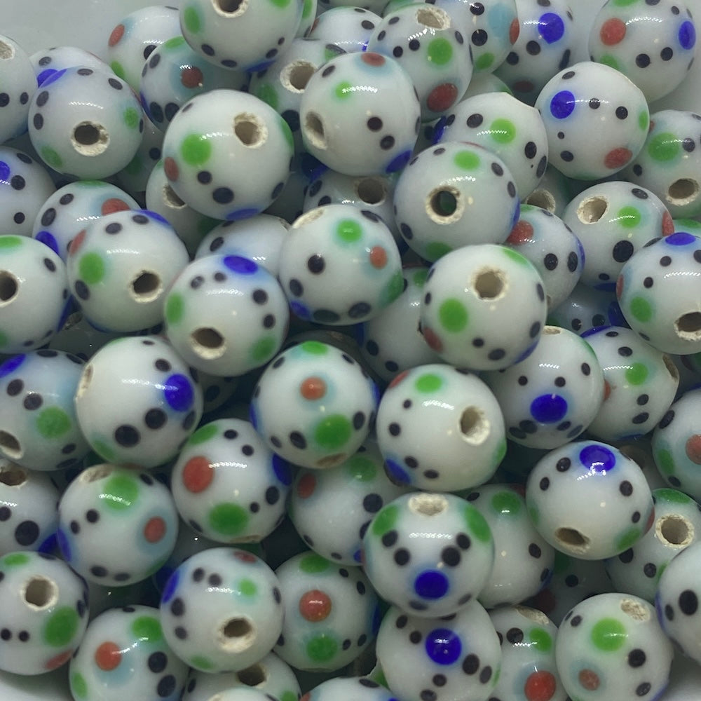 8mm Bead (10) - White Opaque w. Dots - Vintage Handmade Glass Lampwork Beads