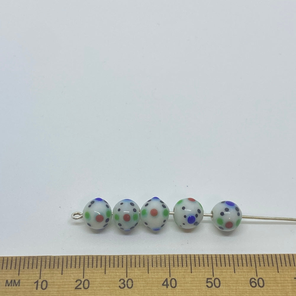 8mm Bead (10) - White Opaque w. Dots - Vintage Handmade Glass Lampwork Beads