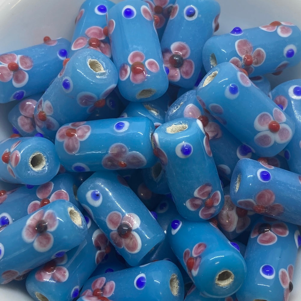 Folk Art Tube Bead (10) - Opaque Blue w. Pink - Vintage Handmade Glass Lampwork Beads