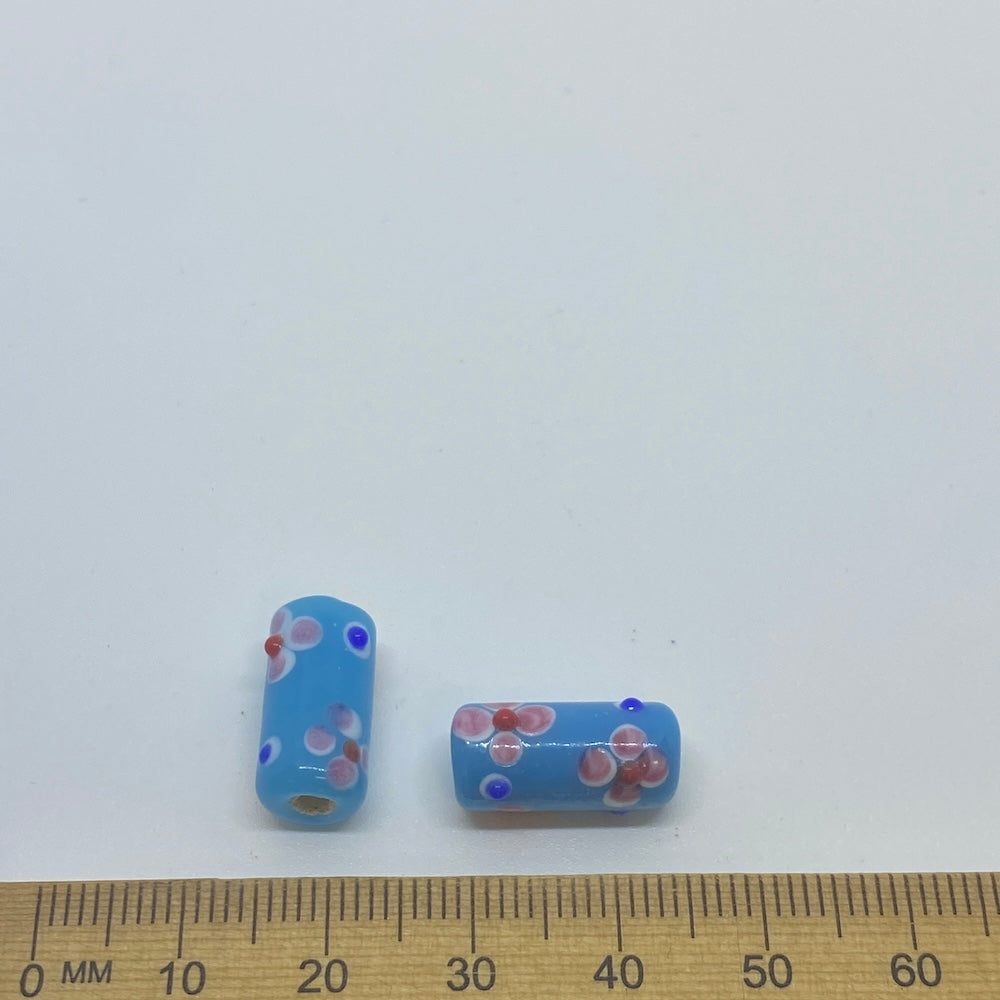 Folk Art Tube Bead (10) - Opaque Blue w. Pink - Vintage Handmade Glass Lampwork Beads