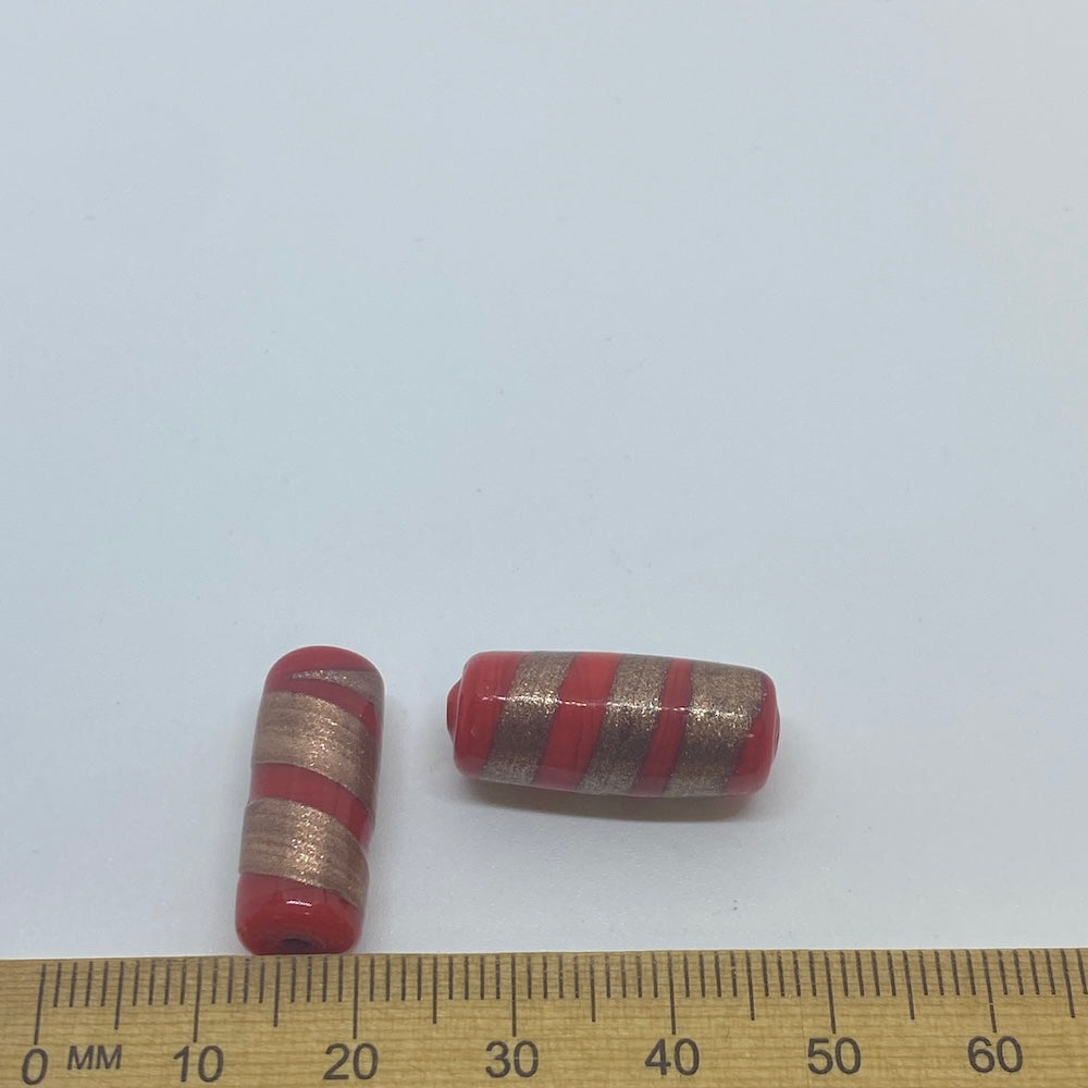 23x10mm Tube (10) - Red Opaque w. Aventurine - Vintage Handmade Glass Lampwork Beads