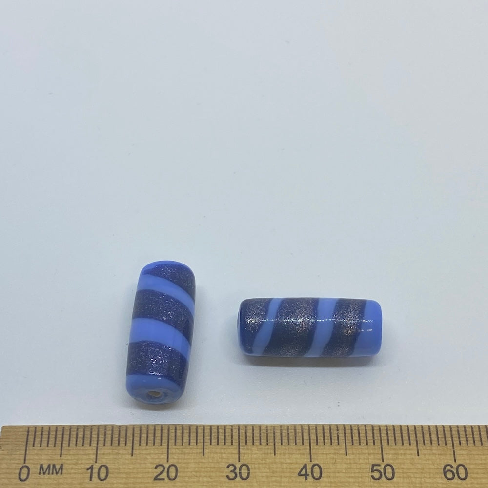 23x10mm Tube (10) - Light Blue Opaque w. Aventurine on Dark Blue - Vintage Handmade Glass Lampwork Beads