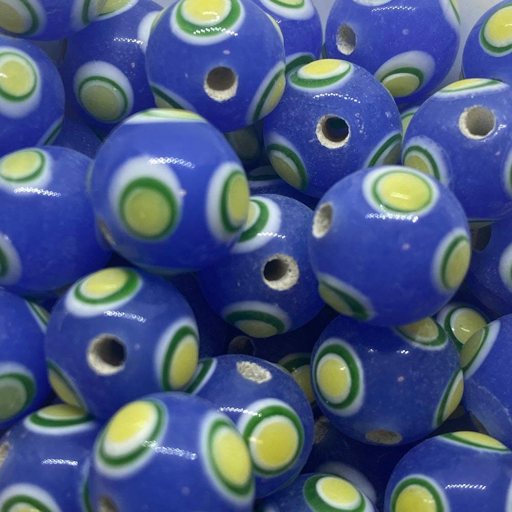 12mm Eye Bead (10) - Opaque Blue w. Yellow - Vintage Handmade Glass Lampwork Beads