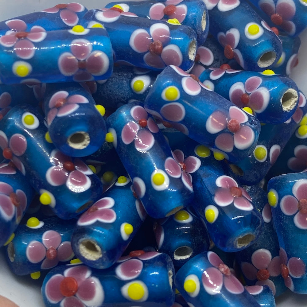 Folk Art Tube Bead (10) - Transparent Blue w. Pink - Vintage Handmade Glass Lampwork Beads