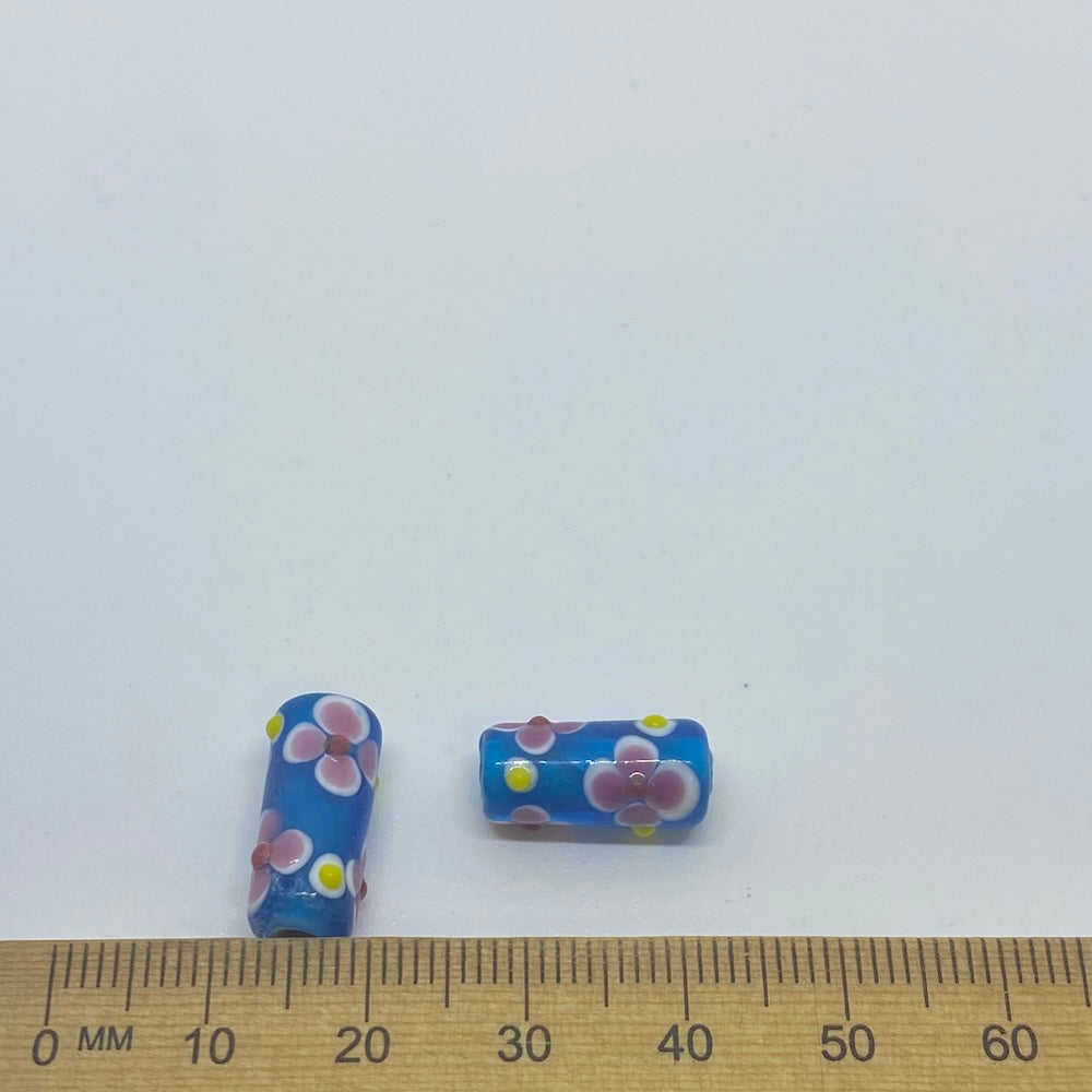 Folk Art Tube Bead (10) - Transparent Blue w. Pink - Vintage Handmade Glass Lampwork Beads