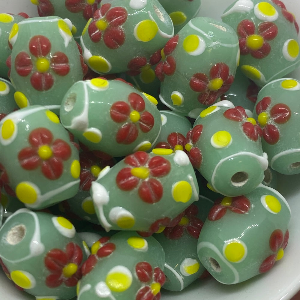 Floral Barrel Bead (10) - Translucent Light Green - Vintage Handmade Glass Lampwork Beads