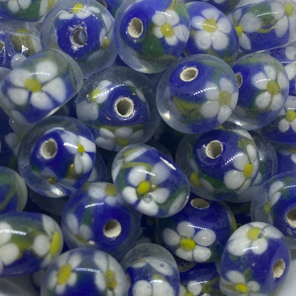 Floral Rondelle Bead (5) - Blue w. White - Vintage Handmade Glass Lampwork Beads