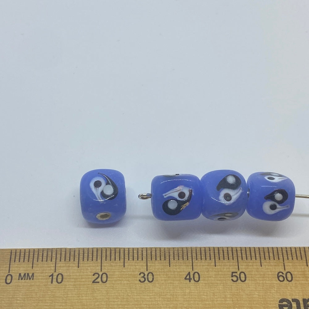 Yin Yang Cube Bead (10) - Light Blue Opaque - Vintage Handmade Glass Lampwork Beads