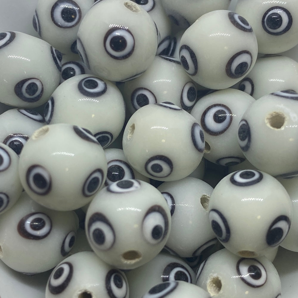 10mm Eye Bead (10) - Opaque White - Vintage Handmade Glass Lampwork Beads