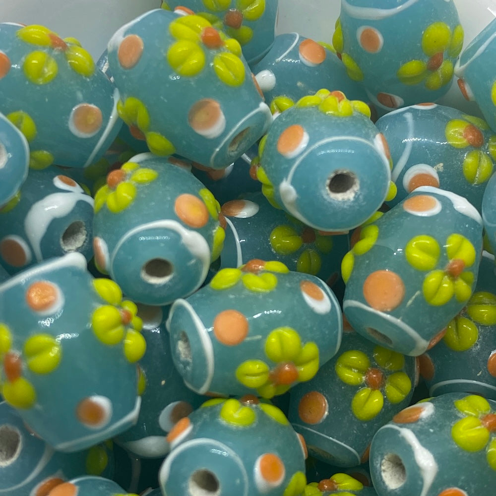 Floral Barrel Bead (10) - Translucent Light Teal - Vintage Handmade Glass Lampwork Beads