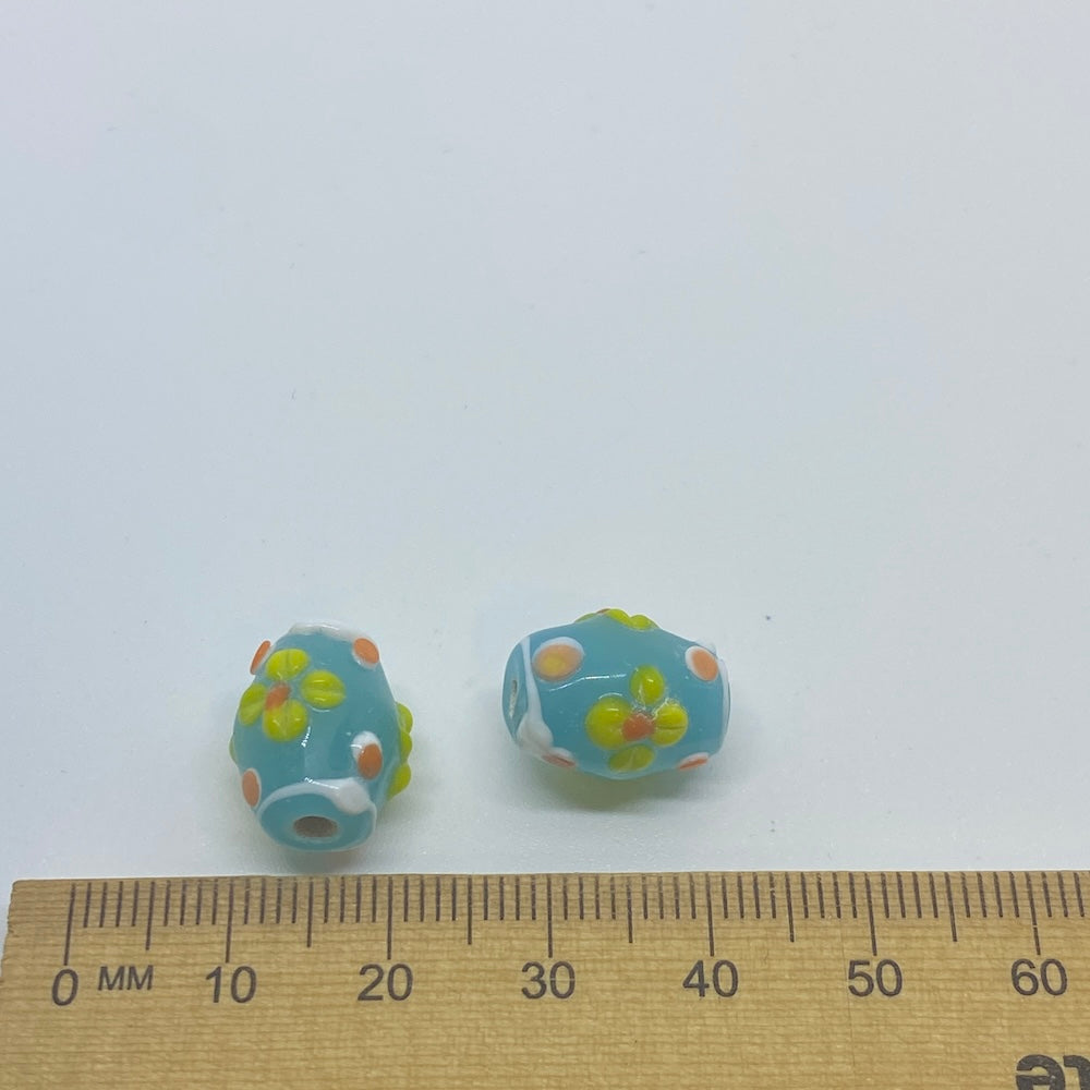 Floral Barrel Bead (10) - Translucent Light Teal - Vintage Handmade Glass Lampwork Beads