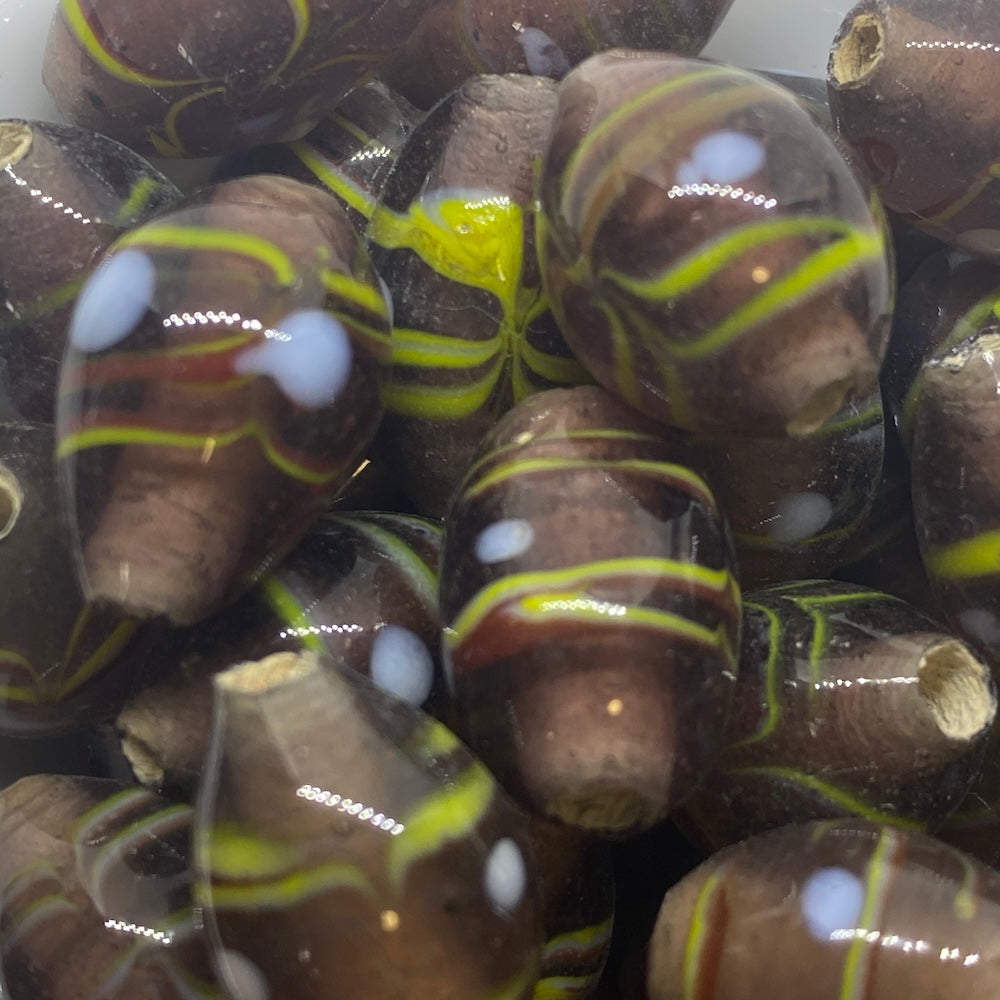 18mm Oval (10) - Transparent Purple w. Yellow Feathering - Vintage Glass Indian Lampwork Beads