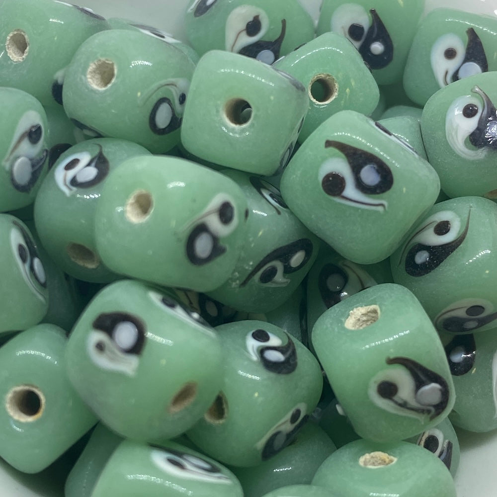 Yin Yang Cube Bead (10) - Light Green Opaque - Vintage Handmade Glass Lampwork Beads