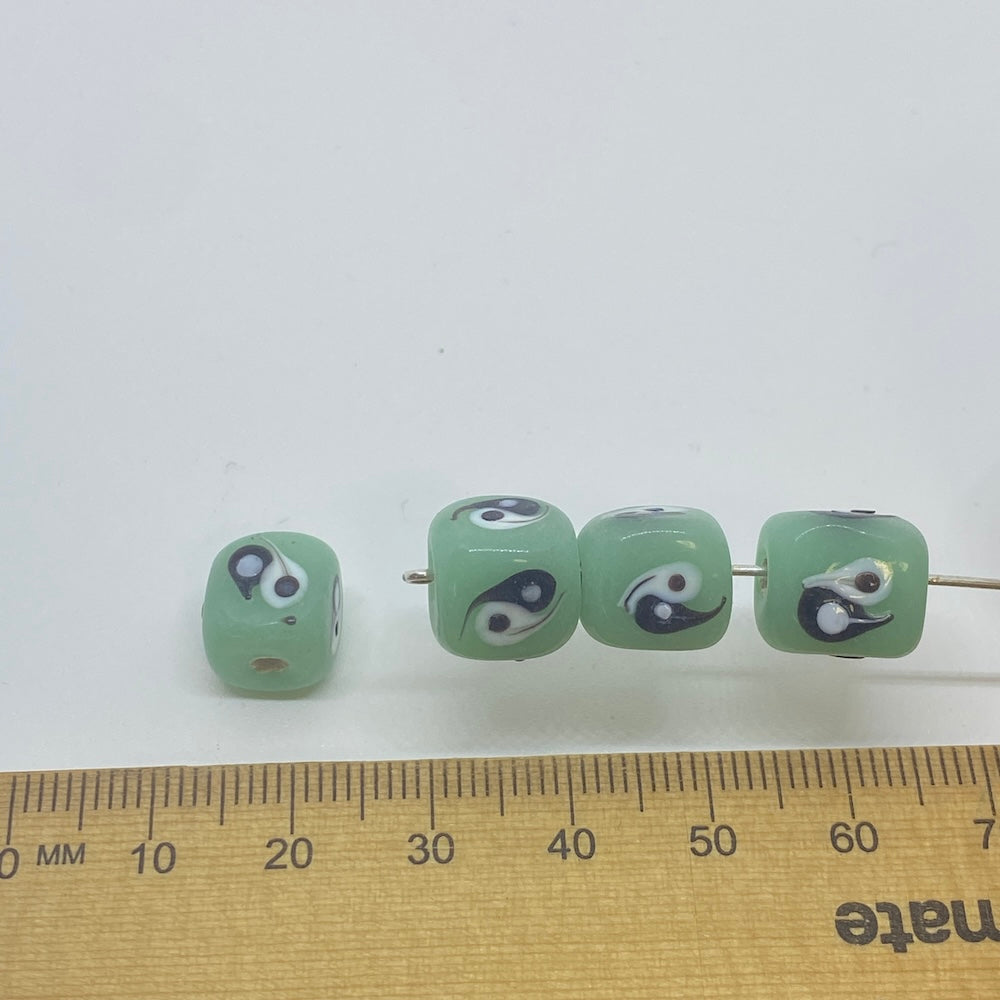 Yin Yang Cube Bead (10) - Light Green Opaque - Vintage Handmade Glass Lampwork Beads