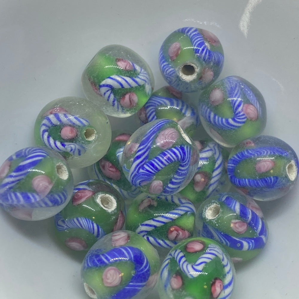 Candy Cane Bead (10) - Green - Vintage Handmade Glass Lampwork Beads