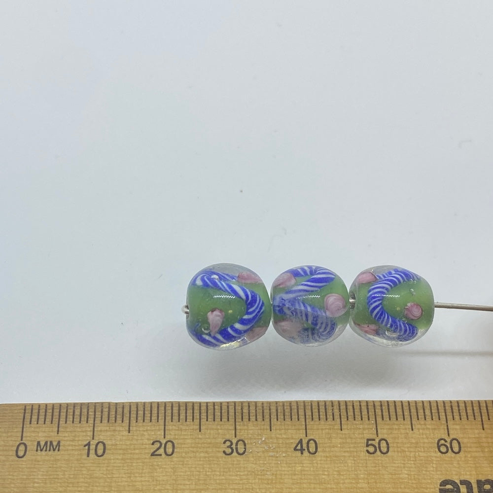 Candy Cane Bead (10) - Green - Vintage Handmade Glass Lampwork Beads