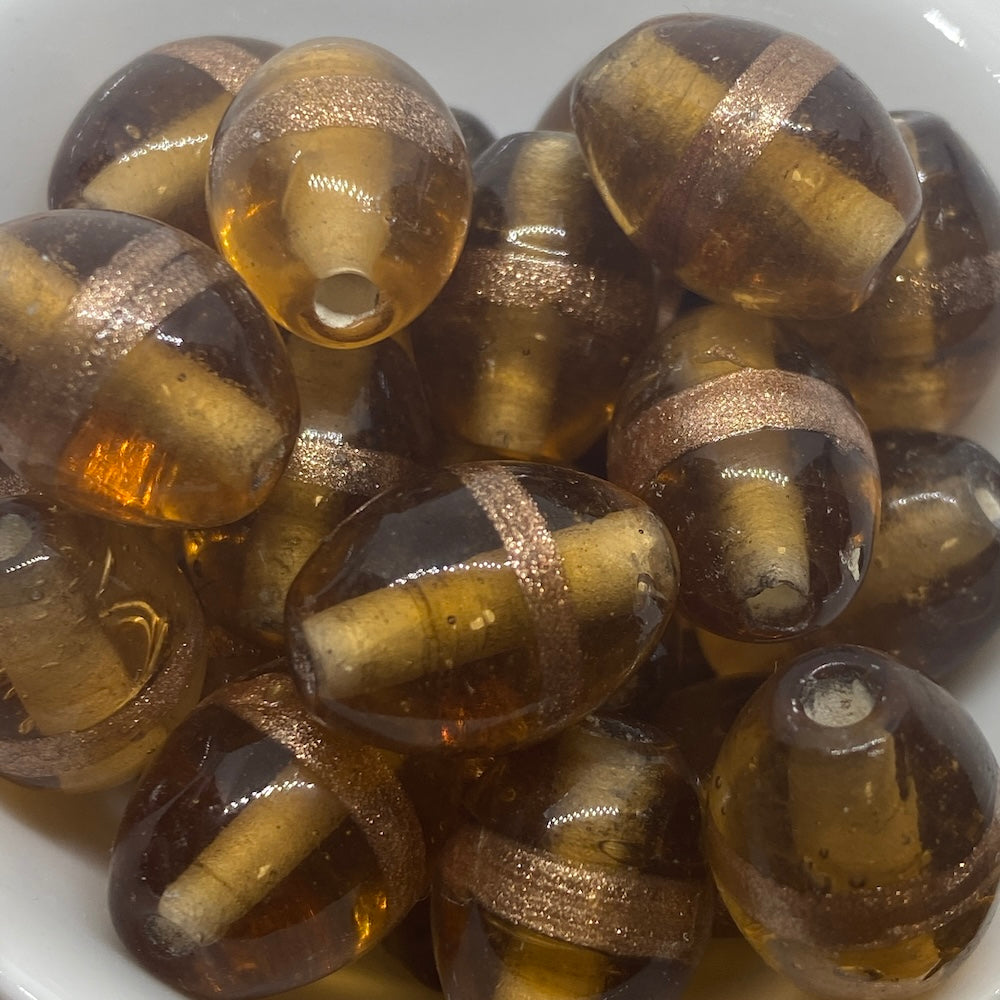 19x14mm Oval (10) - Light Brown Transparent w. Aventurine - Glass Vintage Replica Trade Lampwork Beads - Bead Shack