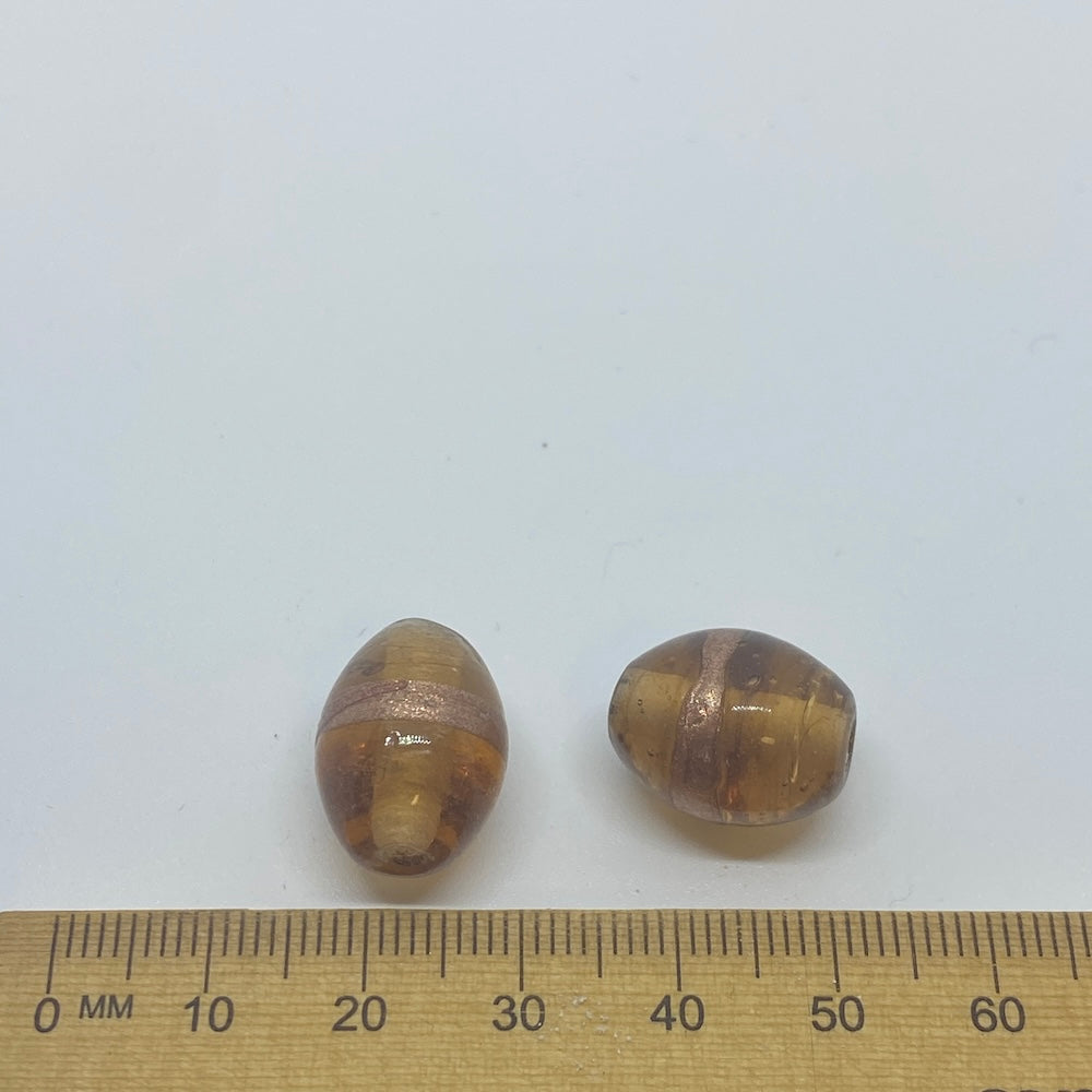 19x14mm Oval (10) - Light Brown Transparent w. Aventurine - Glass Vintage Replica Trade Lampwork Beads - Bead Shack