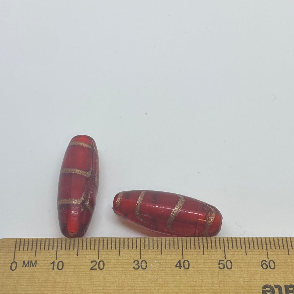 25x10mm Oval (5) - Red Transparent w. Aventurine - Glass Vintage Replica Trade Beads