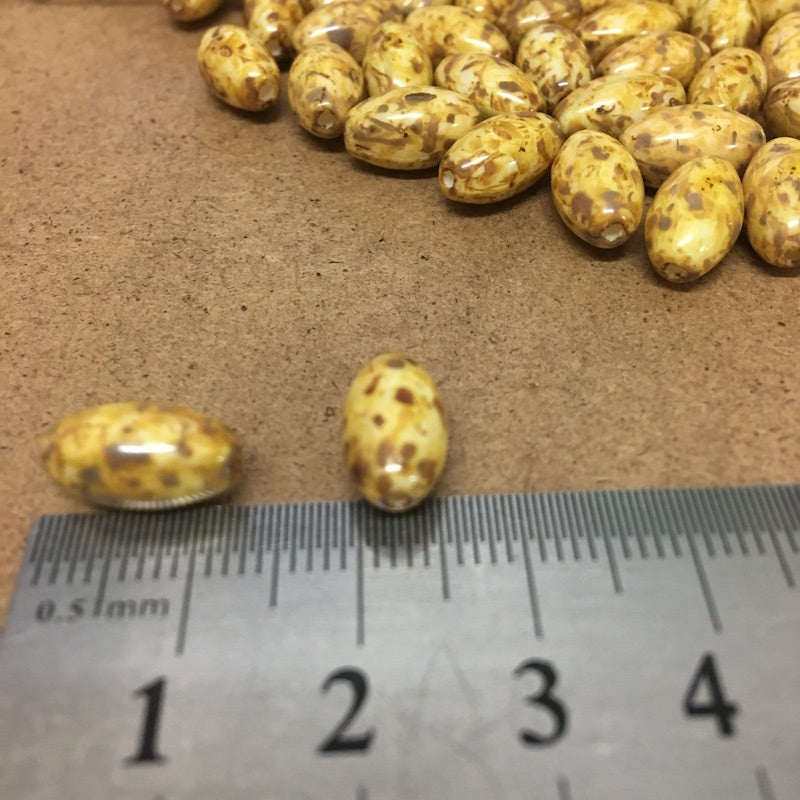 13x7mm Rice (100) - Dark Cream w. Brown Picasso - Vintage Czech Glass Beads