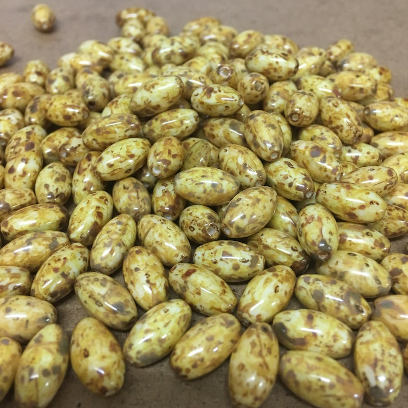 13x7mm Rice (100) - Dark Cream w. Brown Picasso - Vintage Czech Glass Beads