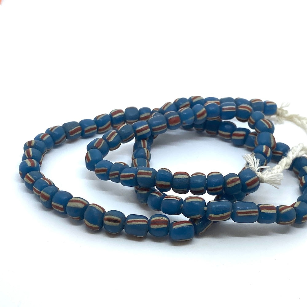 4~5mm Gooseberry - Sapphire Blue w. Red & White - Java Glass Beads - (1 strand)