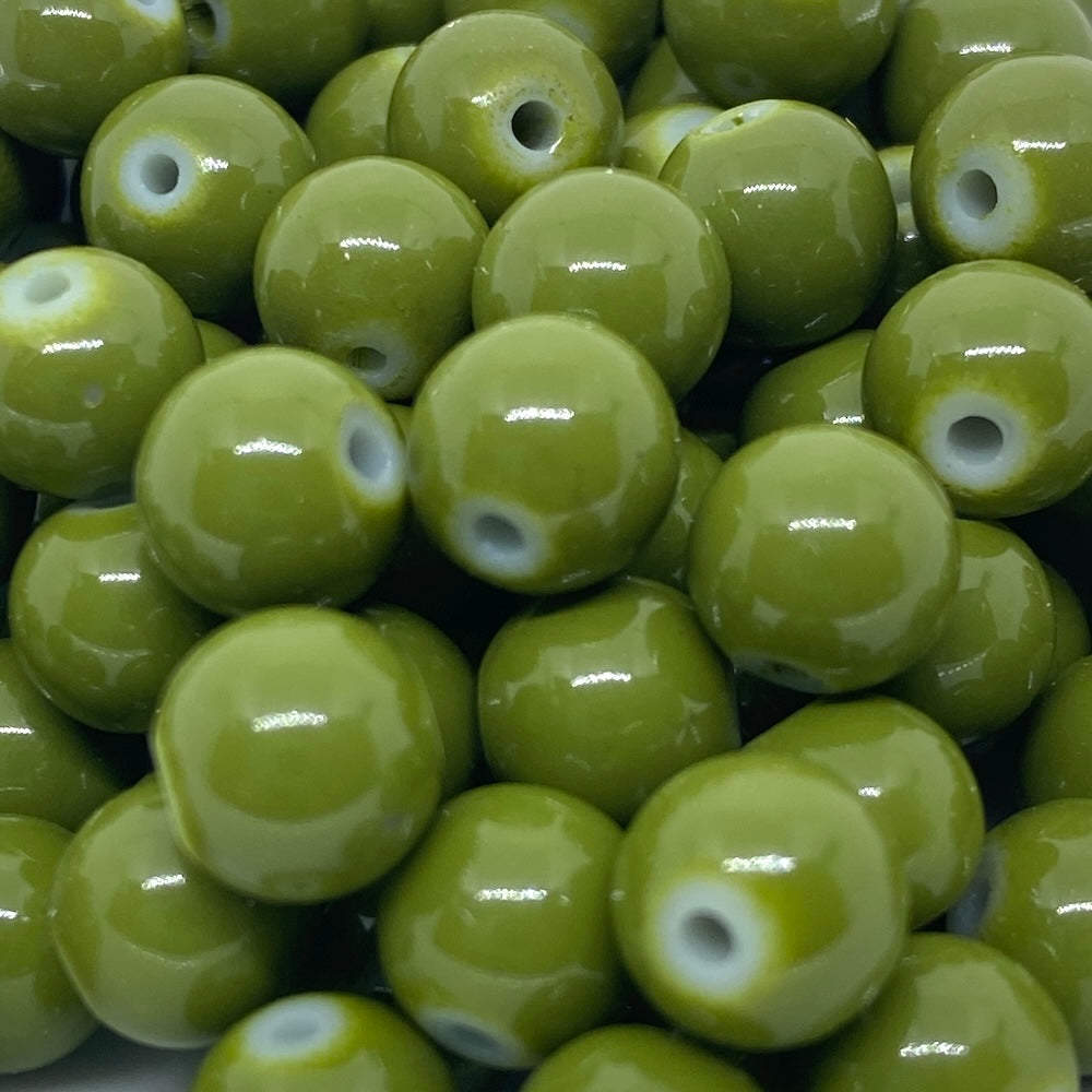 8mm (108) - Olive Green Opaque - Round Glass Bead