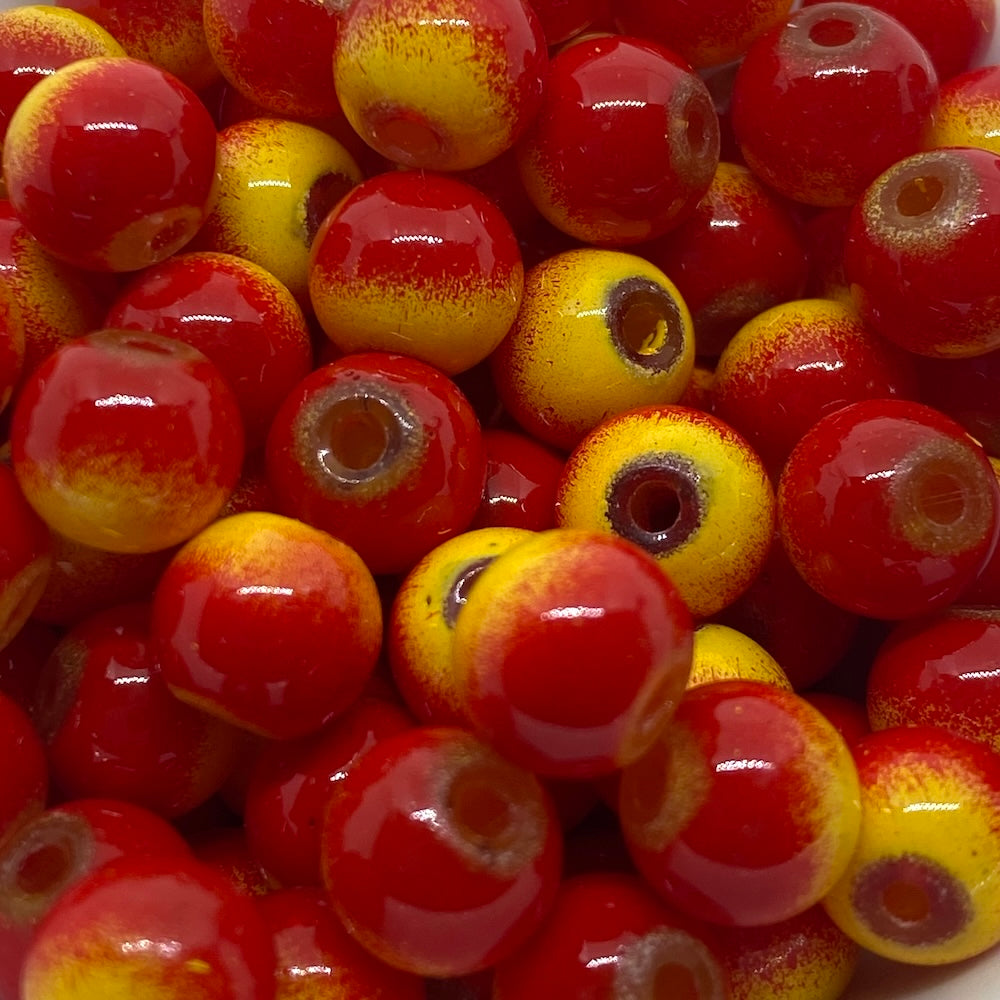 8mm (115) - Orange & Red Opaque - Round Glass Bead