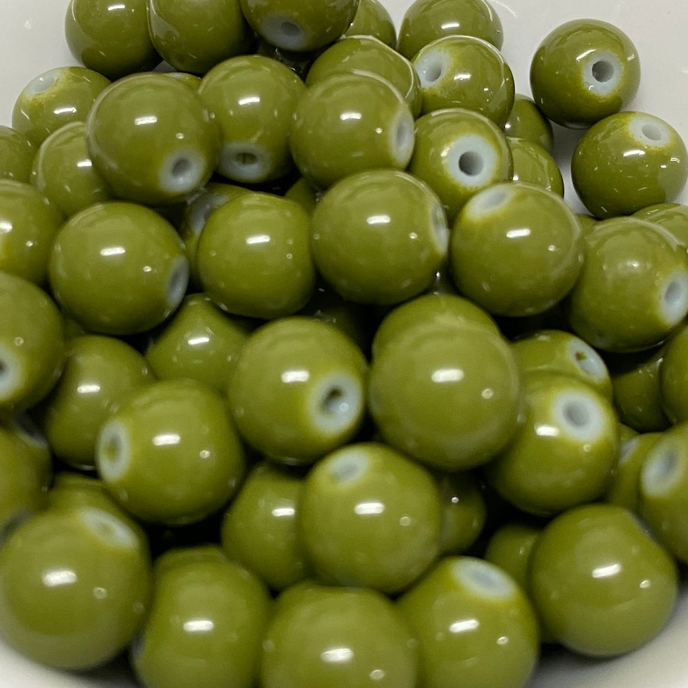 8mm (108) - Olive Green Opaque - Round Glass Bead